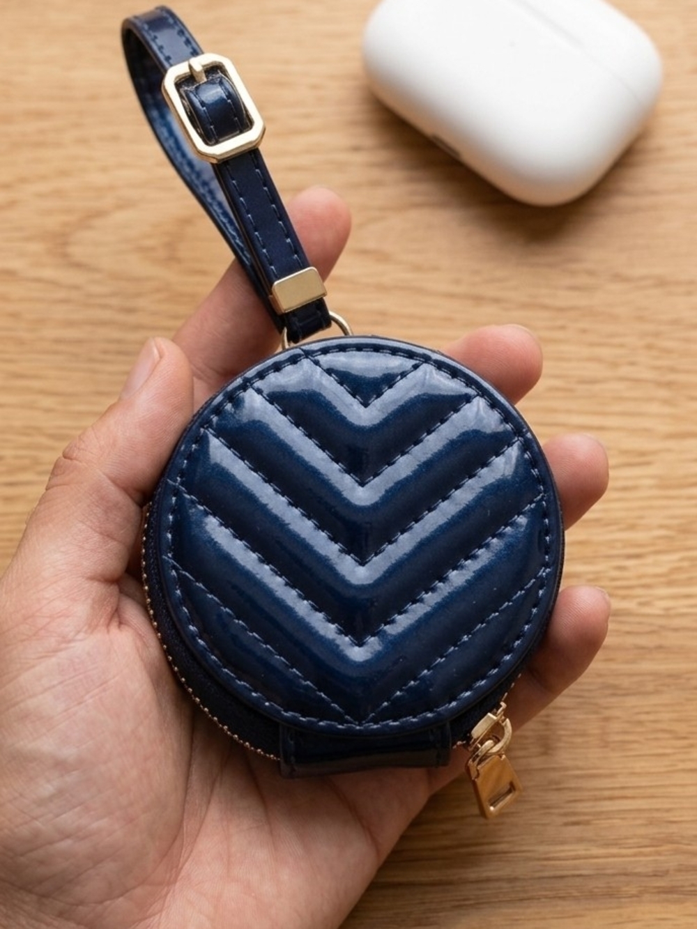Navy Round Zipper AirPod Case with Gold Hardware